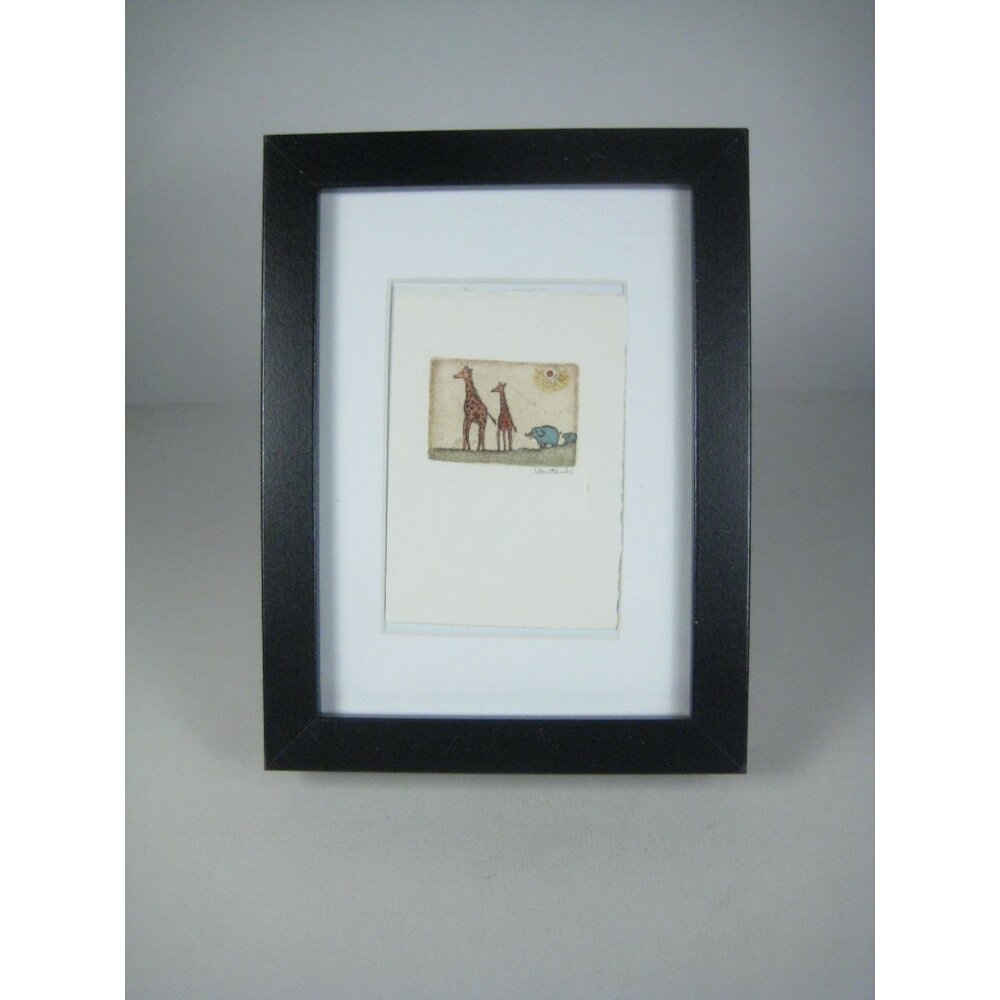 Framed Giraffe Elephant Art Print Black Frame Africa Safari Signed 8 inch Vartel